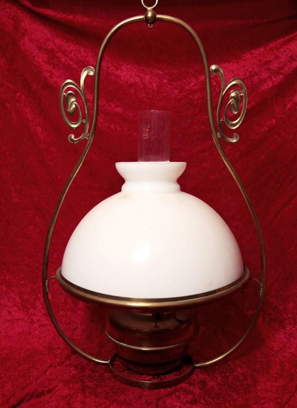 Hinging Oil lamp with white glass shade and chimney