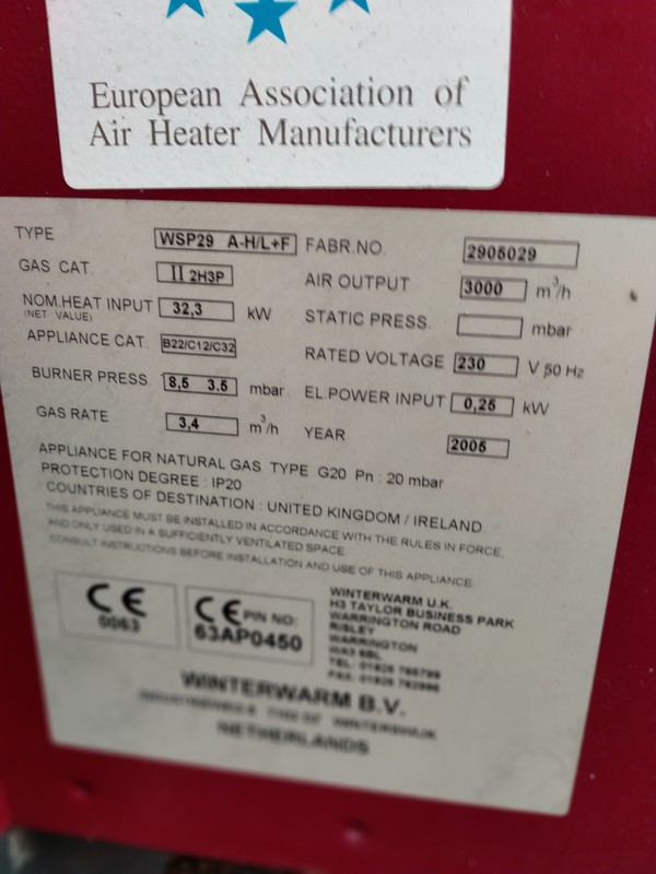 Winterwarm WSP29 gas heater information plate