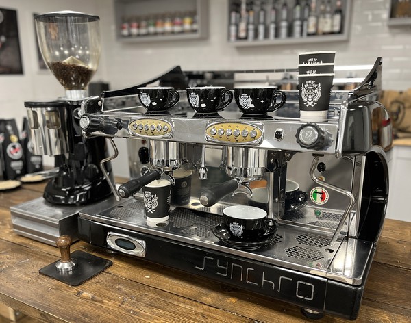 Secondhand Black Syncro Royal 2 Group Full Size Espresso Machine with Grinder For Sale
