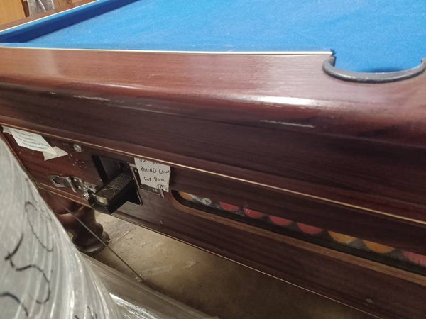 Dark wood and blue baize pool table for sale