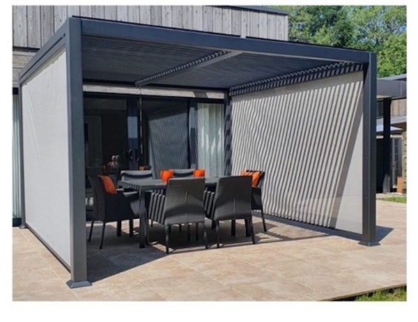 Outdoor eating area with  indoor / outdoor louvered roof covering