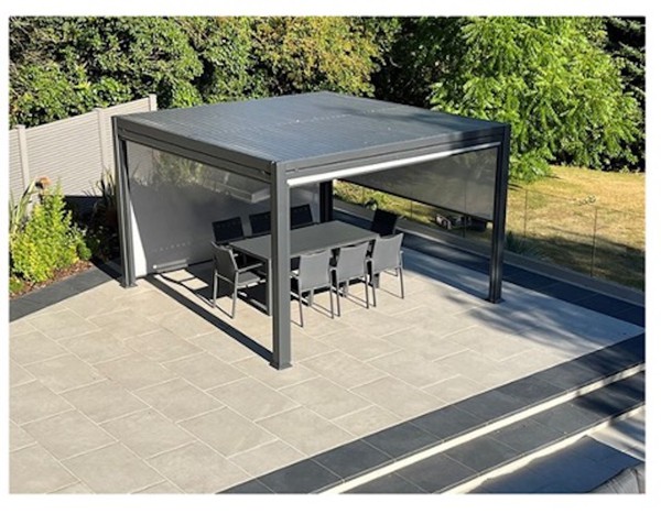 Out door dining shelter with louvers roof and retractable sides