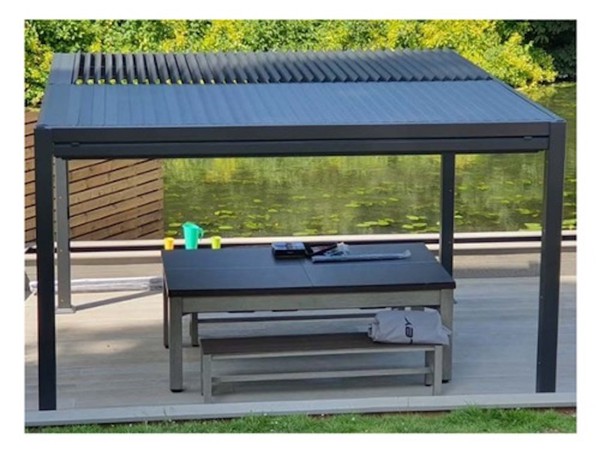 Outdoor dining area roof with waterproof louvered roof