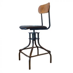 Secondhand Black Leather Seated Industrial Kitchen Bar Stool Style Stool with a Steel Frame For Sale
