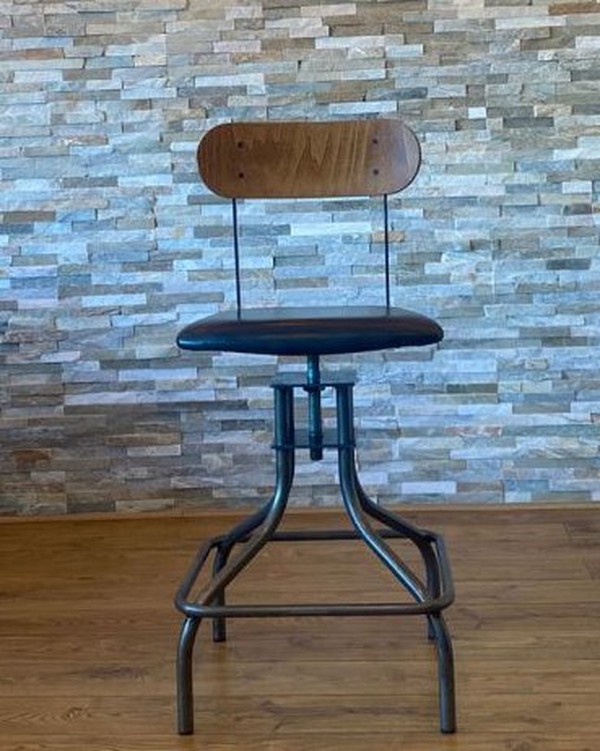 Black Leather Seated Industrial Kitchen Bar Stool Style Stool with a Steel Frame For Sale