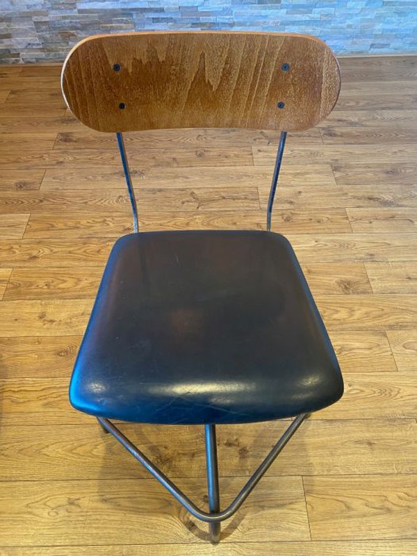 Secondhand Black Leather Seated Industrial Kitchen Bar Stool Style Stool with a Steel Frame