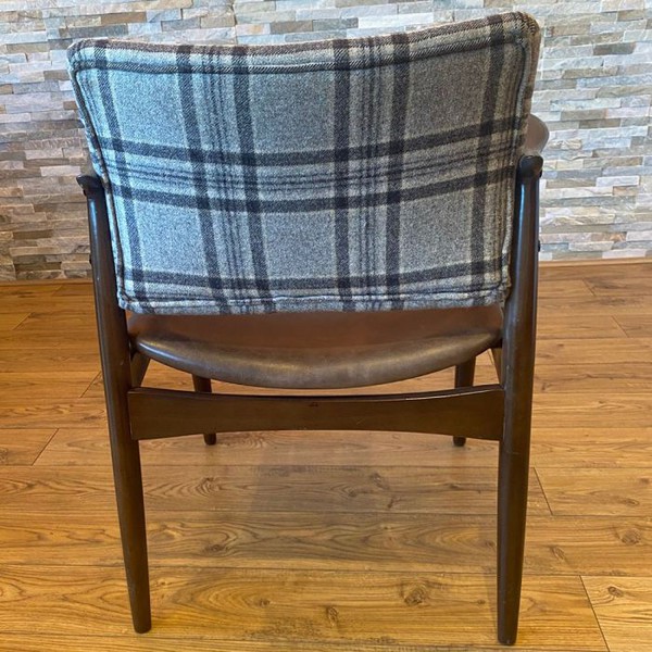 Secondhand Used Vintage Look Brown Leather Chair with a Grey and White Tweed For Sale