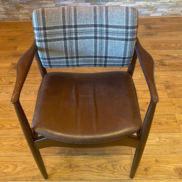 Secondhand Vintage Look Brown Leather Chair with a Grey and White Tweed