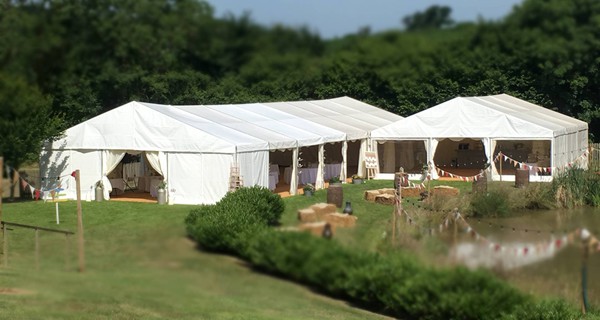 Hoecker 9m x 21m Frame Marquee With Ivory Pleated Linings for sale