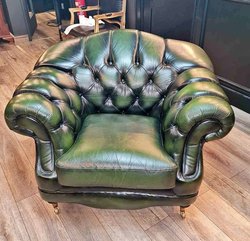 Pair of Green Leather Thomas Lloyd Armchairs