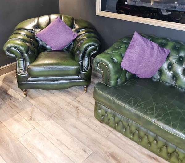 Green Leather Thomas Lloyd Sofa and Chairs