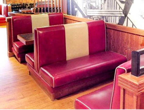 American diner bench seating in red and cream
