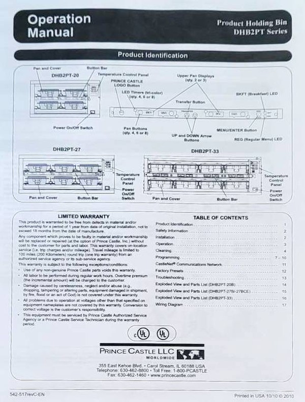 Prince Castle DHB2PT-20PUB Instruction manual