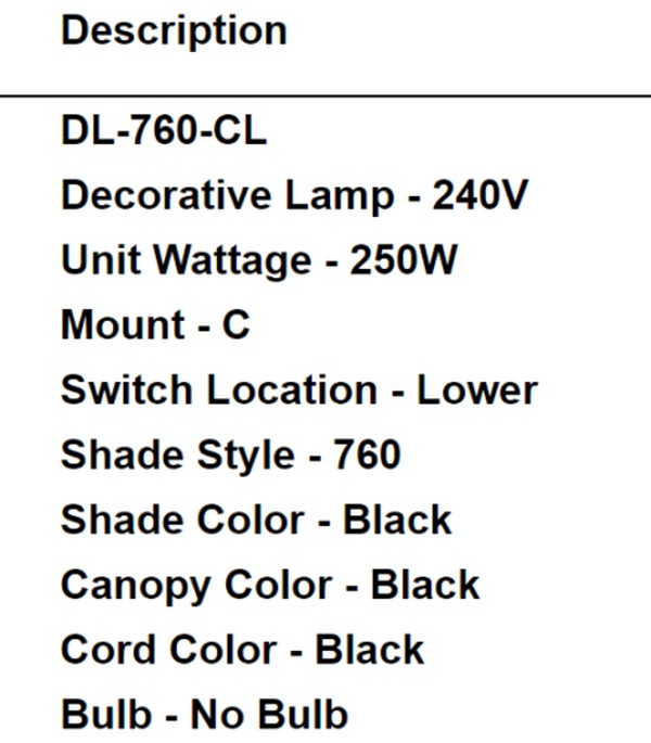 Hatco DL-760-CL Decorative Lamps Spec