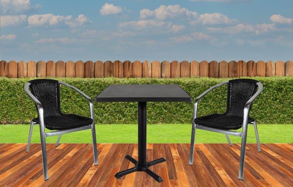 Grey Square Outdoor All weather table with black chairs
