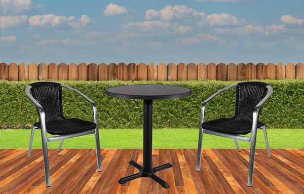 Brand New Grey Round Outdoor All weather tables with black chairs