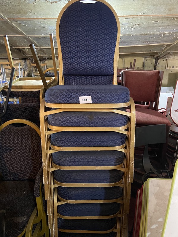 Stacking Blue and Gold Round Back Banqueting Chairs for sale