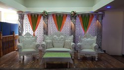 Secondhand 4 Pillar Crystal Canopy with Various Colour Drapes For Sale