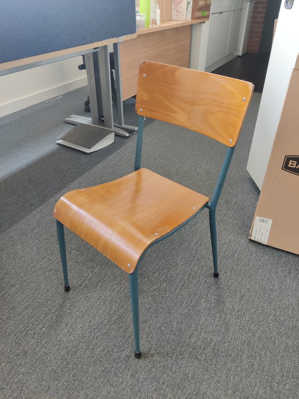 Medium Wood Chair with Blue Metal Frame