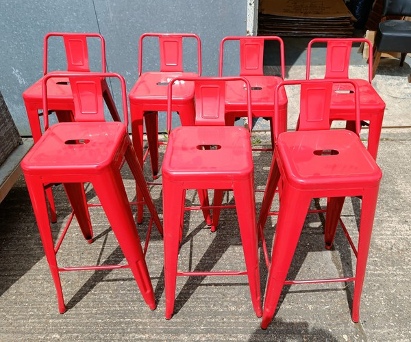 7 No. Red metal Tolix style high bar chairs