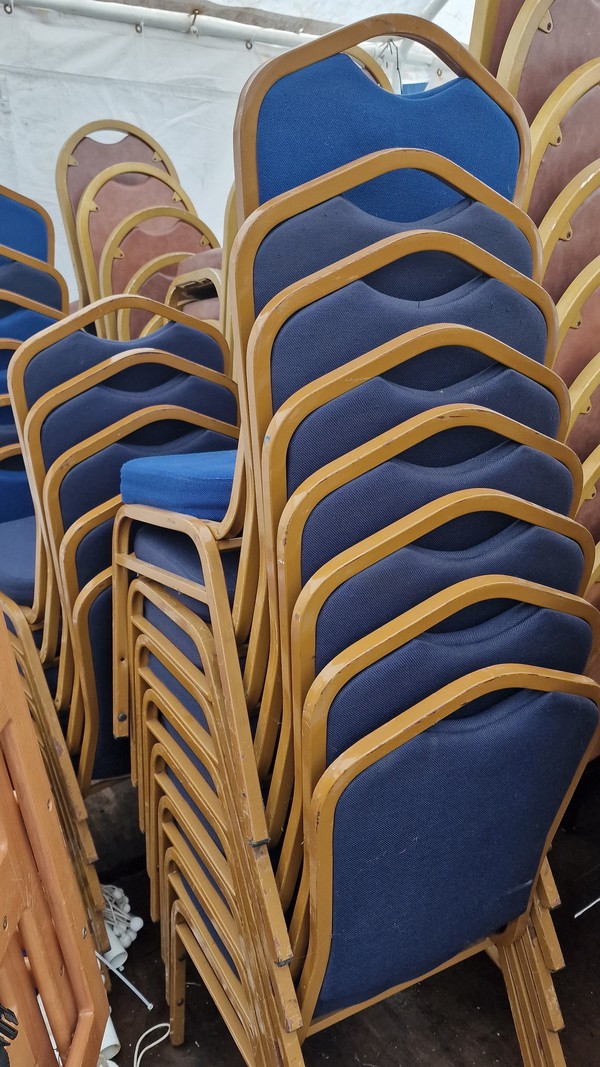 Gold Metal Banqueting Chairs with Blue Padding For Sale