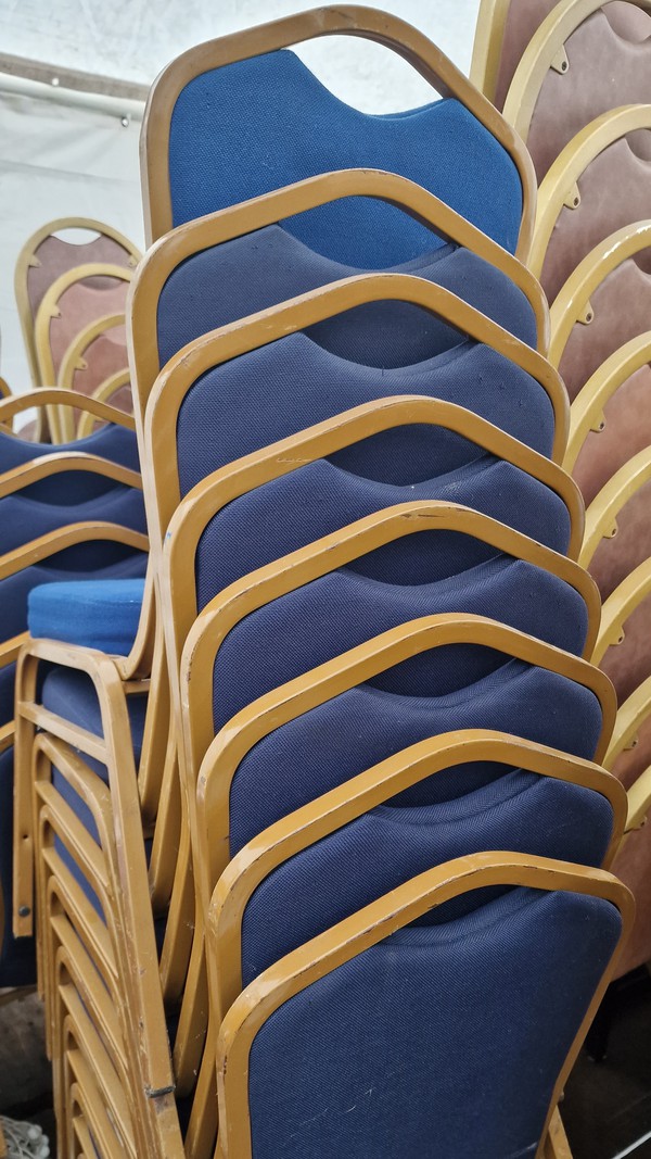 Secondhand Gold Metal Banqueting Chairs with Blue Padding