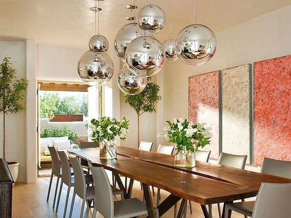 Silver Sphere Lights over a dining table