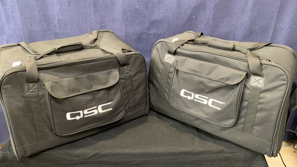 Secondhand Used Pair of QSC K12 Loud Speakers with Tote Bags