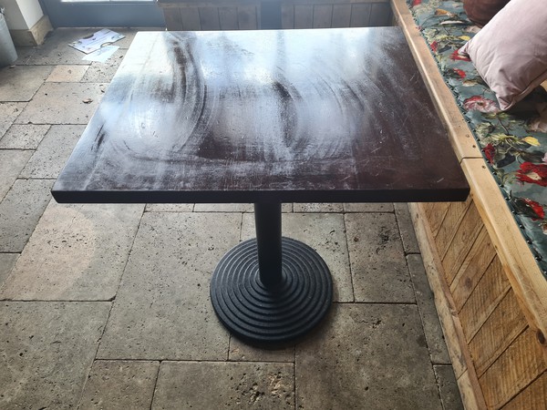 Cafe Restaurant Hardwood Top Table with Cast Iron Circular Base For Sale