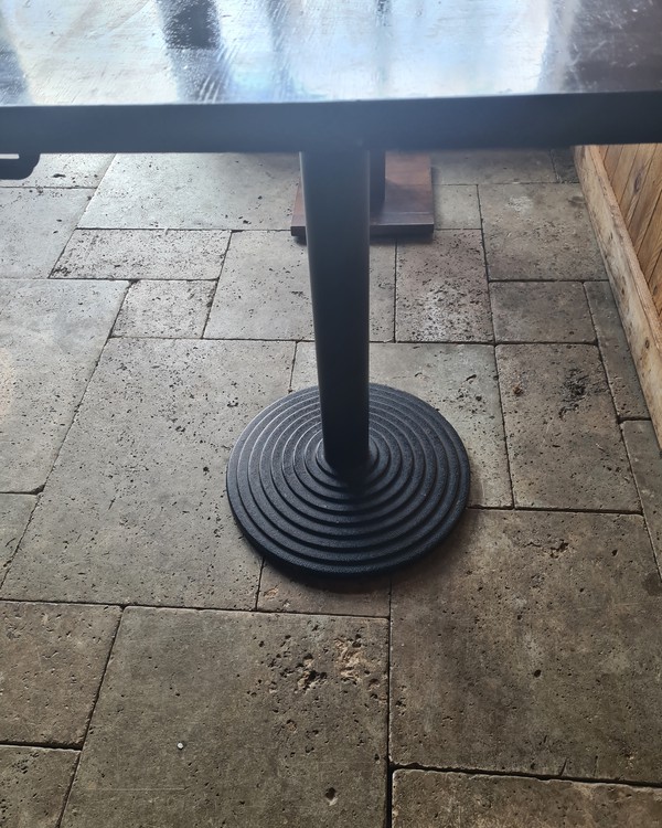 Secondhand Cafe Restaurant Hardwood Top Table with Cast Iron Circular Base For Sale