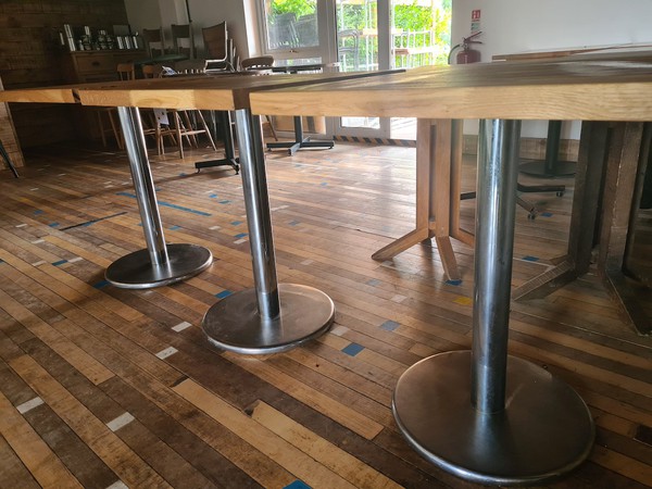 3x Cafe / Restaurant Solid Oak Top Tables with Chrome Circular Base - Midlands 5