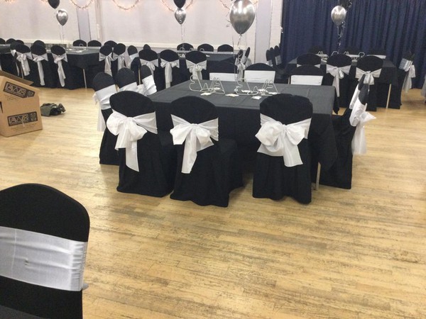 Black Linen Chair Covers & 120x Silver Satin Sashes
