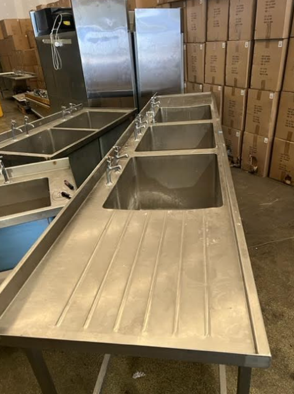 Used Huge 4 Metre Long Triple Bowl Double Drainer Stainless Steel Sink For Sale