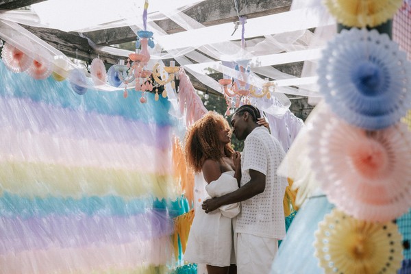 Pastel rainbow tulle bunting wedding decor