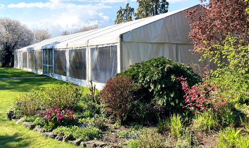Hoecker clear span marquee 9m x 30m with door. Hoecker clear span marquee 9m x 30m with door.