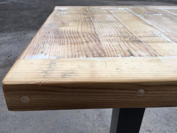 New 15x Reclaimed Wood Poseur Table with Clear Lacquered Bare Metal Leg For Sale