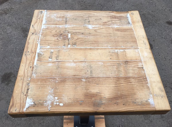 Unused 15x Reclaimed Wood Poseur Table with Clear Lacquered Bare Metal Leg For Sale