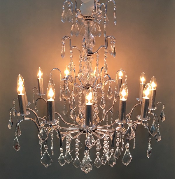 Secondhand Used 2x Chandeliers French Style Silver with 12x Arms For Sale