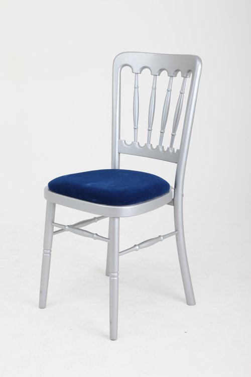Silver Cheltenham chairs with blue seat pads Silver Cheltenham chairs with blue seat pads