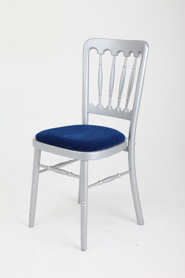 Silver Cheltenham chairs with blue seat pads