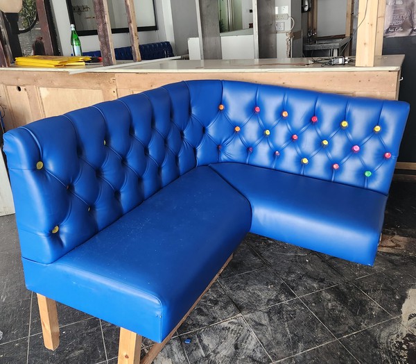 Secondhand 8 to 10 Metres of Blue Leather Benches For Sale
