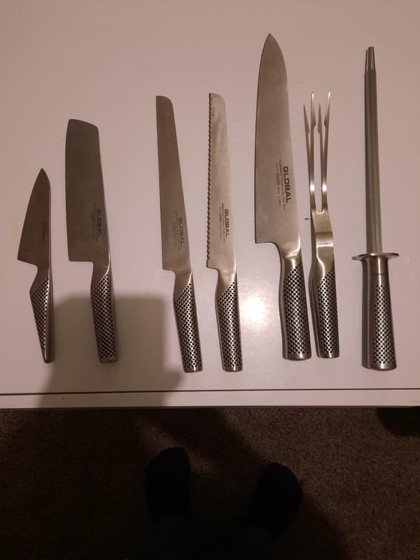 Secondhand Professional Global Chef Knives and Sharpener For Sale