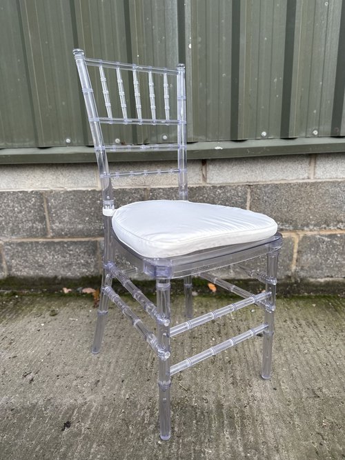 Secondhand Chivari Ice Chairs with Cream White Seat Pad For Sale Secondhand Chivari Ice Chairs with Cream White Seat Pad For Sale