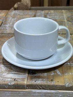 Secondhand Olympia Whiteware Stacking Tea Cups 7oz 200ml and Stacking Saucers 150mm For Sale