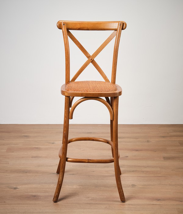 Cross back high bar stool with rattan seat
