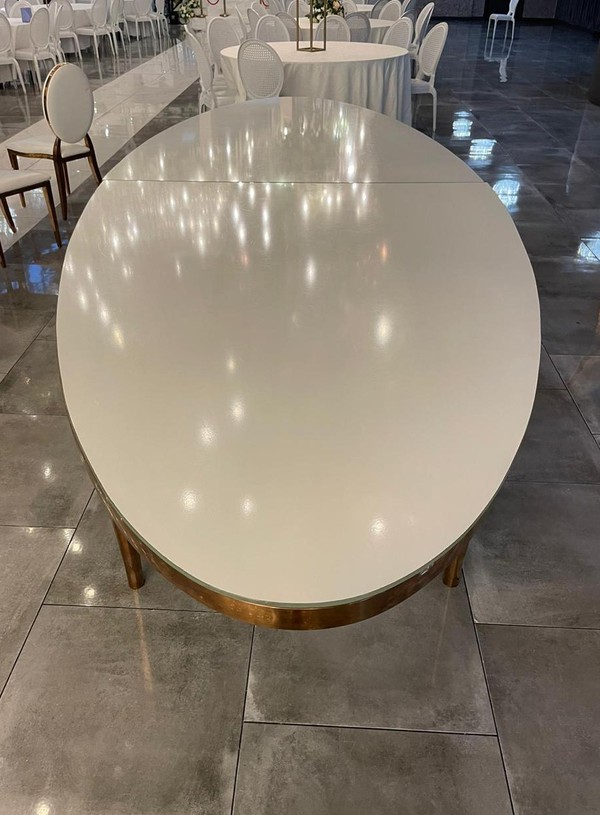 New White Glossy Top Oval Table Gold Stainless Steel