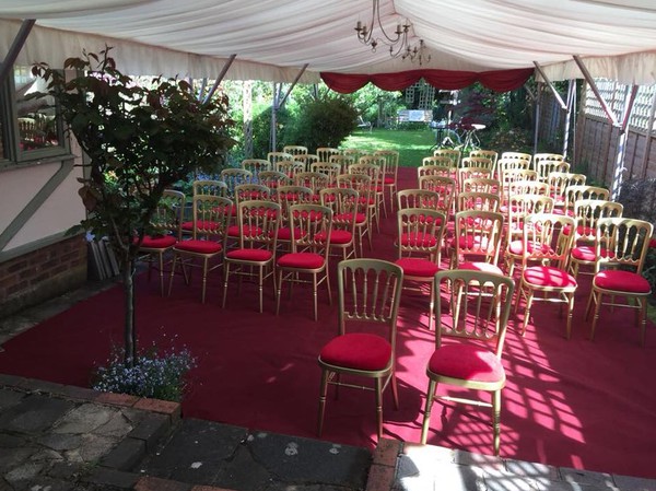 Secondhand Gold Cheltenham Banquet Chairs With Red Pads For Sale