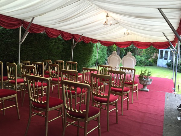 Used Gold Cheltenham Banquet Chairs With Red Pads For Sale