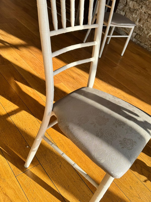 Ivory Metal Chiavari Chairs with Grey Seat Pads