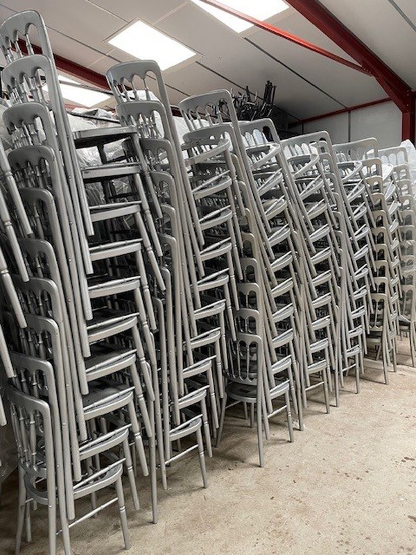 Secondhand Silver Spindle Back Banqueting Chairs with Seat Pads For Sale